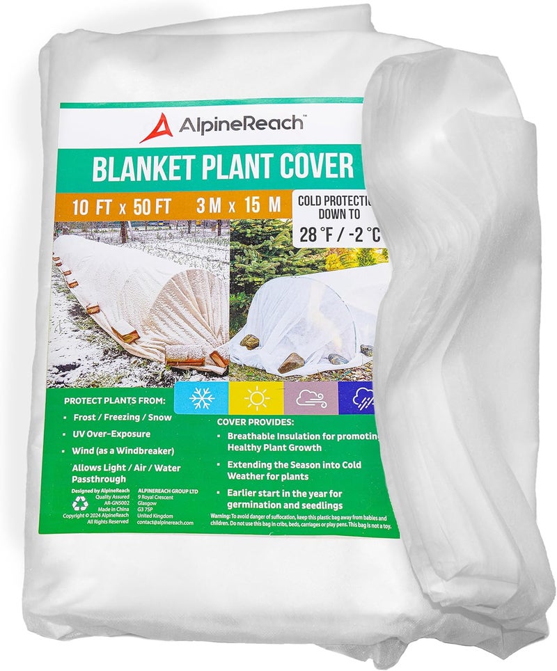 AlpineReach Plant Covers Frost & Sun Protection 10 x 50 ft - Thick 1.2 oz/yd² Freeze Blanket to Low 28 °F Temperatures Floating Row, Garden Fabric Material, Protect in Winter Cold, Gardening Down - Image 1